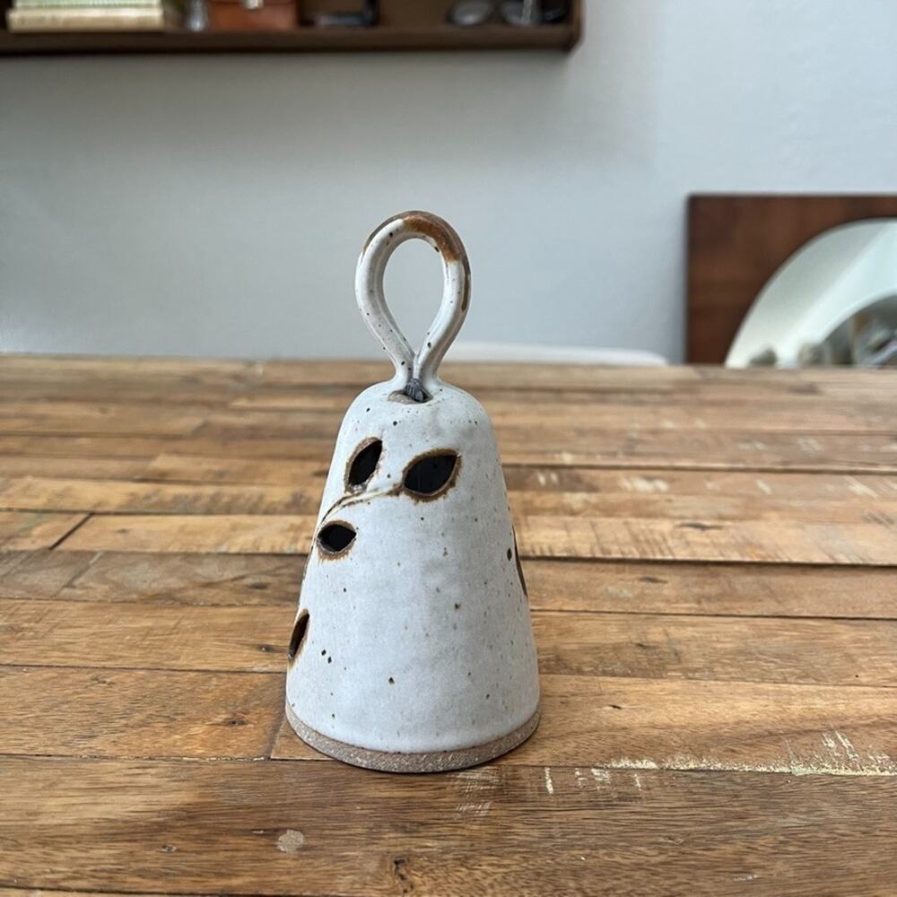Handmade Matte Stoneware Bell Ivory Floral Cutouts & a Loop Handle 5.25 in